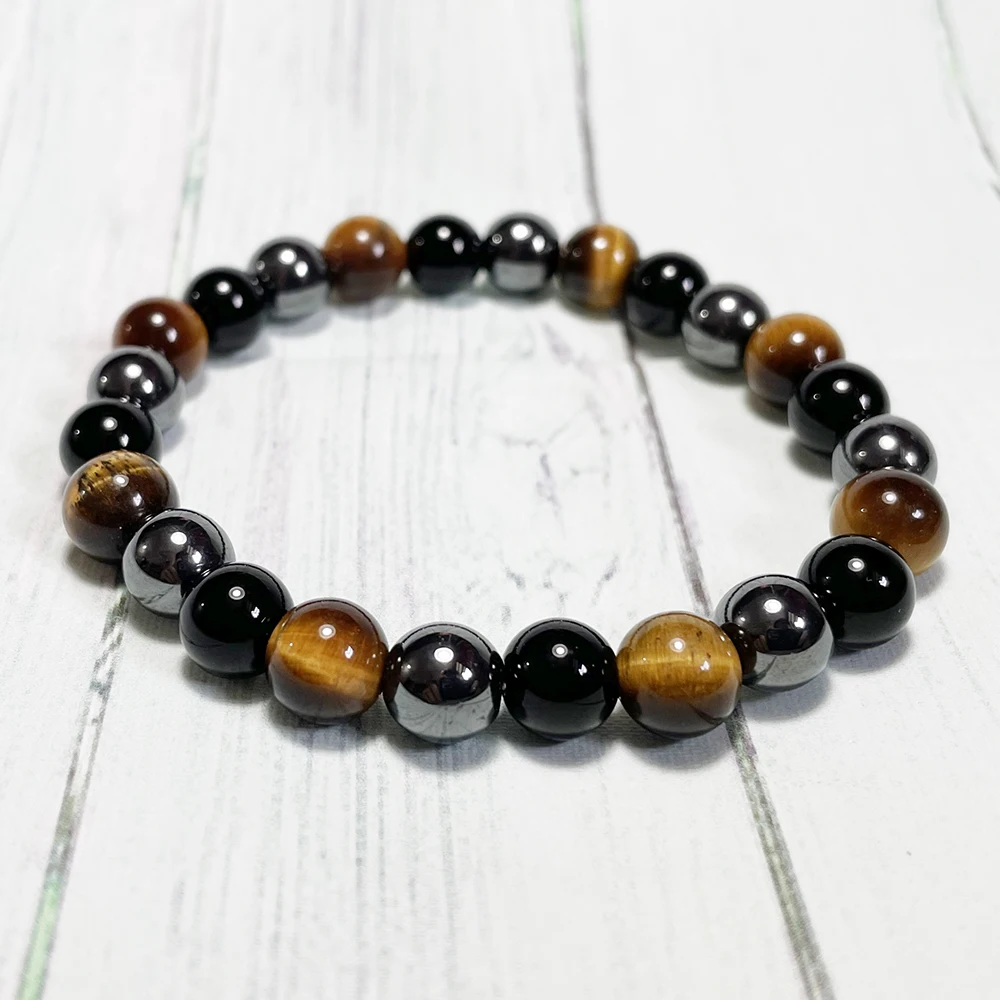 Ruberthen 8 MM Tiger Eye Black Tourmaline Hematite Mix Bracelet Mens Natural Gemstone Handmade Wrist Mala