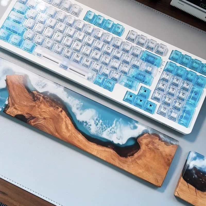 MiFuny 海の波のテーマキーボードハンドレスト無垢材樹脂リストレストカスタムパームレストゲームキーボードデスクトップ装飾用