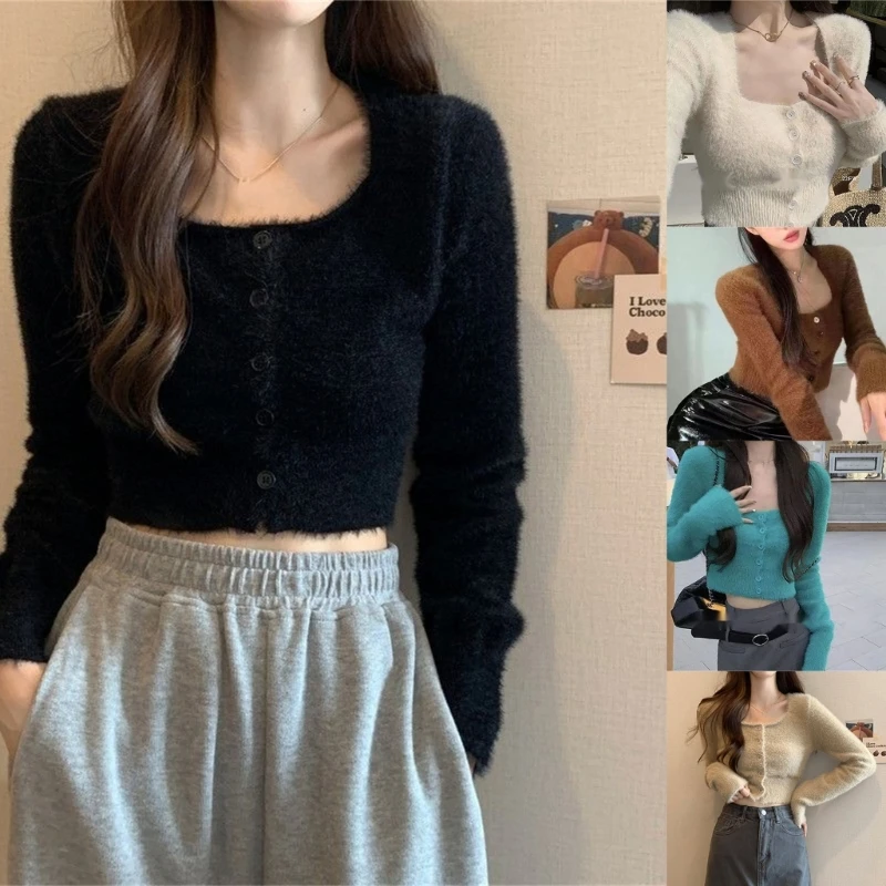 

Women Long Sleeve Furry Bodycon Cropped Sweater Cardigan Solid Color Sexy Square Neck Button Down Tight Knitted Crop Top