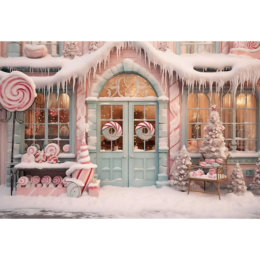 Avezano Christmas Candy Store Backdrops Winter Snow Xmas Tree Outdoor Pink Blue House Portrait Photography Background Photocall