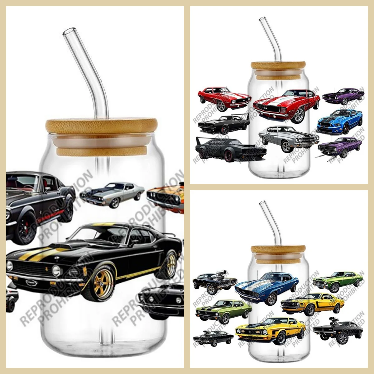 

New Vintage Car 16oz Sticker for Libbey Glass Can 16oz UV DTF Cup Wrap 3D Phone Transfer Stickers DIY Waterproof