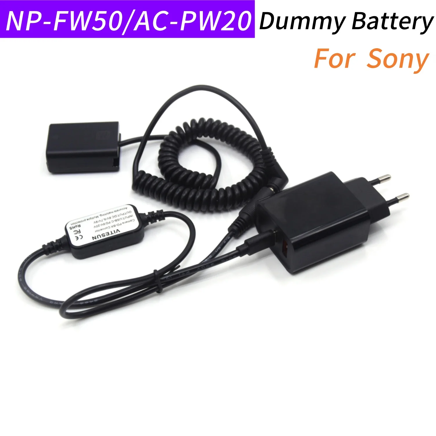 

PD 18W Charger+USB-C Male to Female Cable+NP FW50 Fake Battery for Sony A3500 A6000 A6300 A6500 A7000 A7II A7RII A7 A7SII ZV-E10