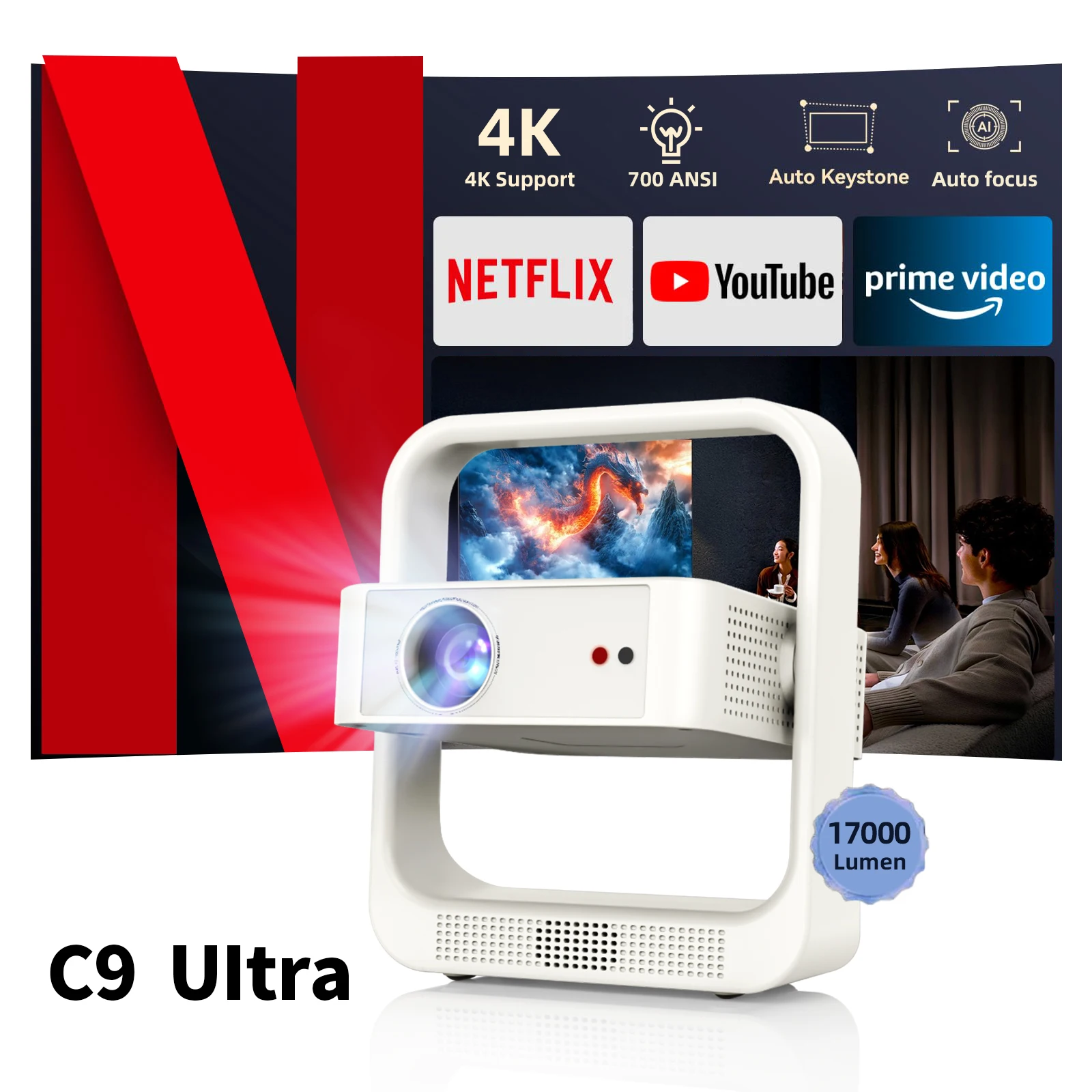 

Проектор Fintex C9 Ultra 4K Full HD 1080P HDR10, 700 ANSI, Android TV 9.0, ASA3.0, с автофокусом, портативный