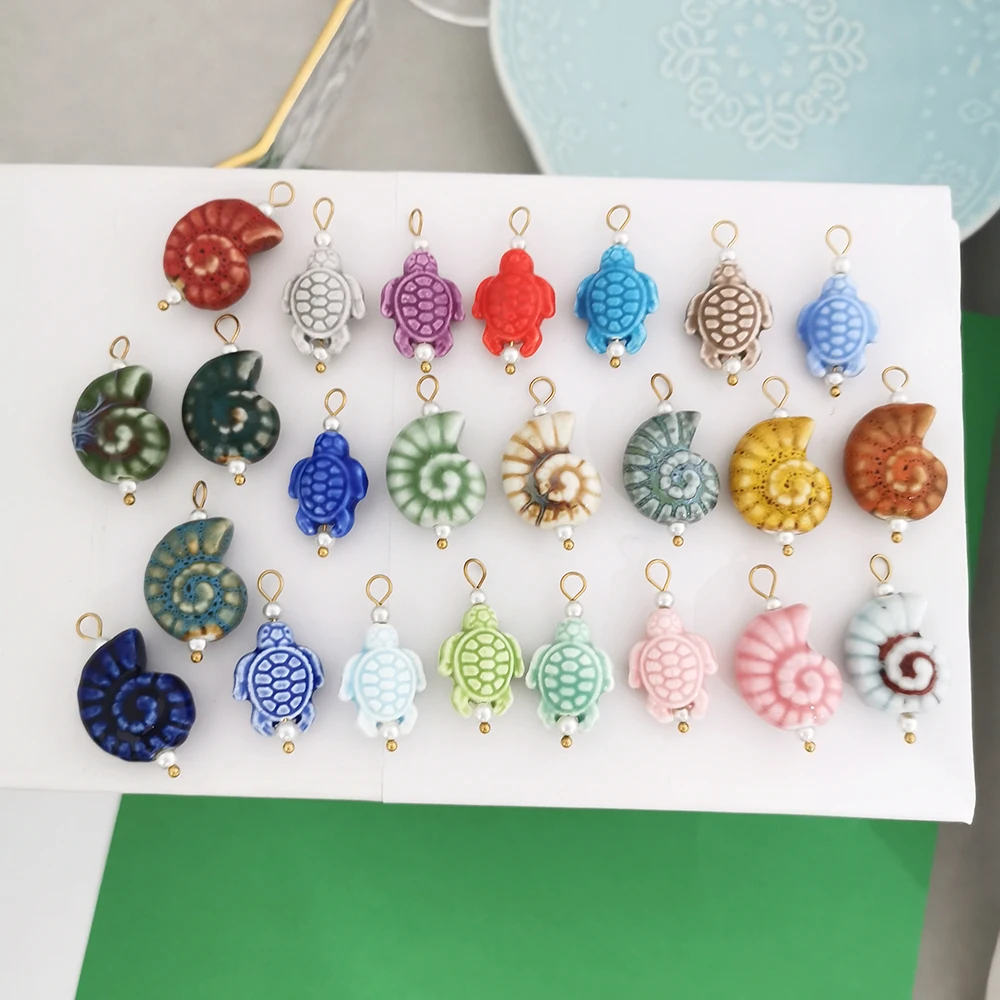 

2pcs/lot Stainless Steel Ceramic Pendant Charm Shell Turtle Conch Ocean Necklace Gold Color Pink Purple Blue Wholesale QMHJE