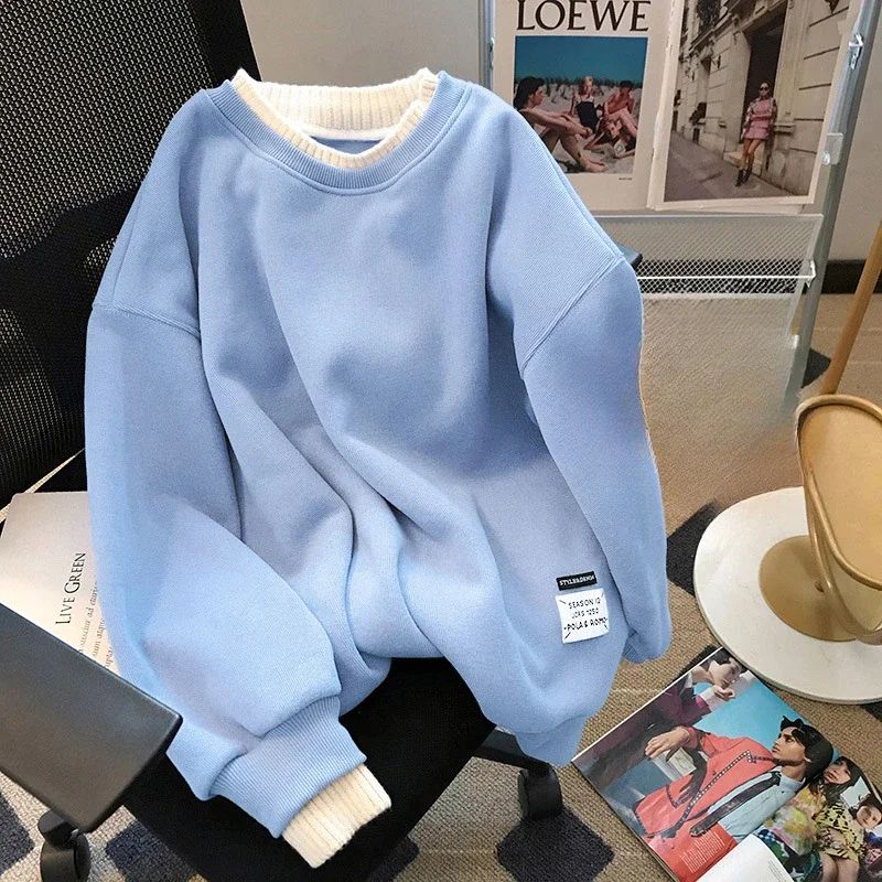 

Spring autumn Winter New Women's Plus Velvet Round Neck Hoodie Women False Two Long Sleeve Temperament Loose Women Wear