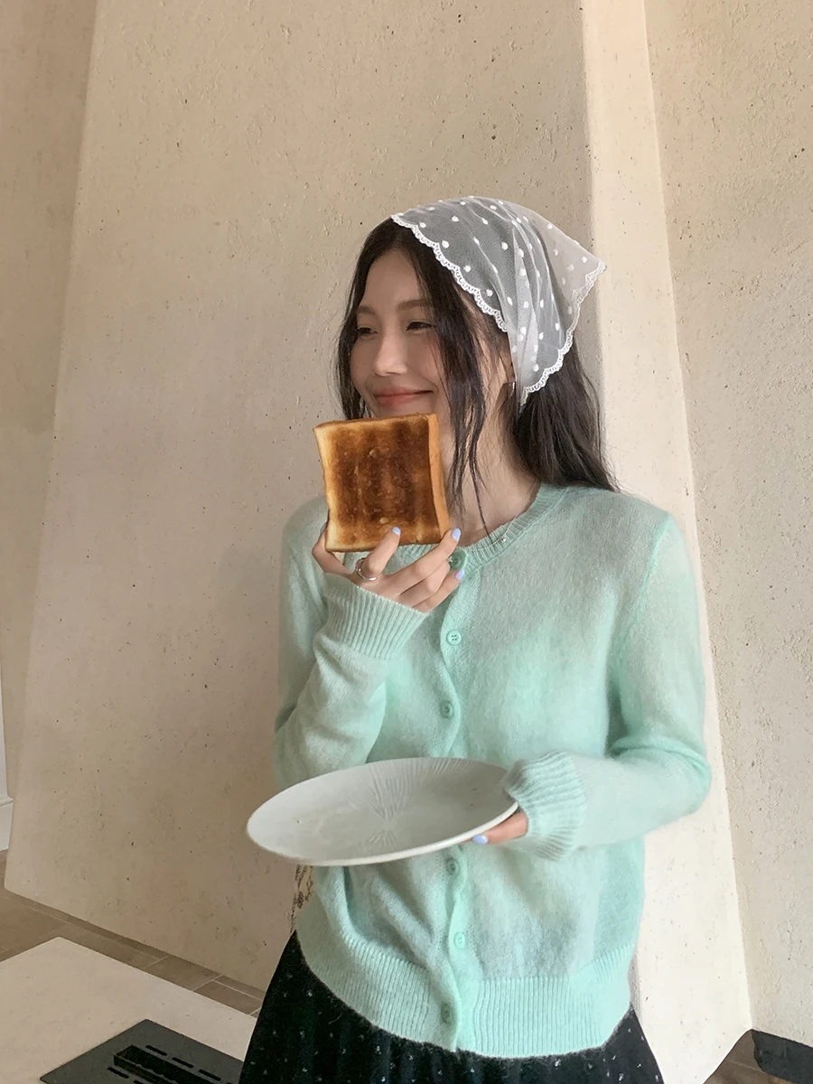 

Linyunyun Early Spring Mint Green Cashmere Open Cardigan Thin Soft Gentle Knitted Top Women's Fashion Comfortable Casual Style
