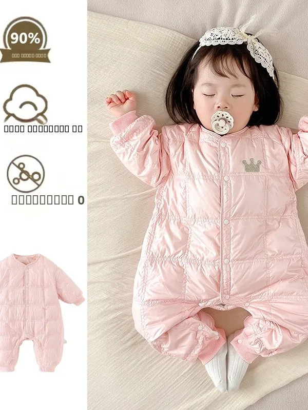 

Зимний комбинезон-пуховик для малышей, утепленный, повседневная уличная одежда, милый, с длинными рукавами, круглым вырезом, на одной пуговице