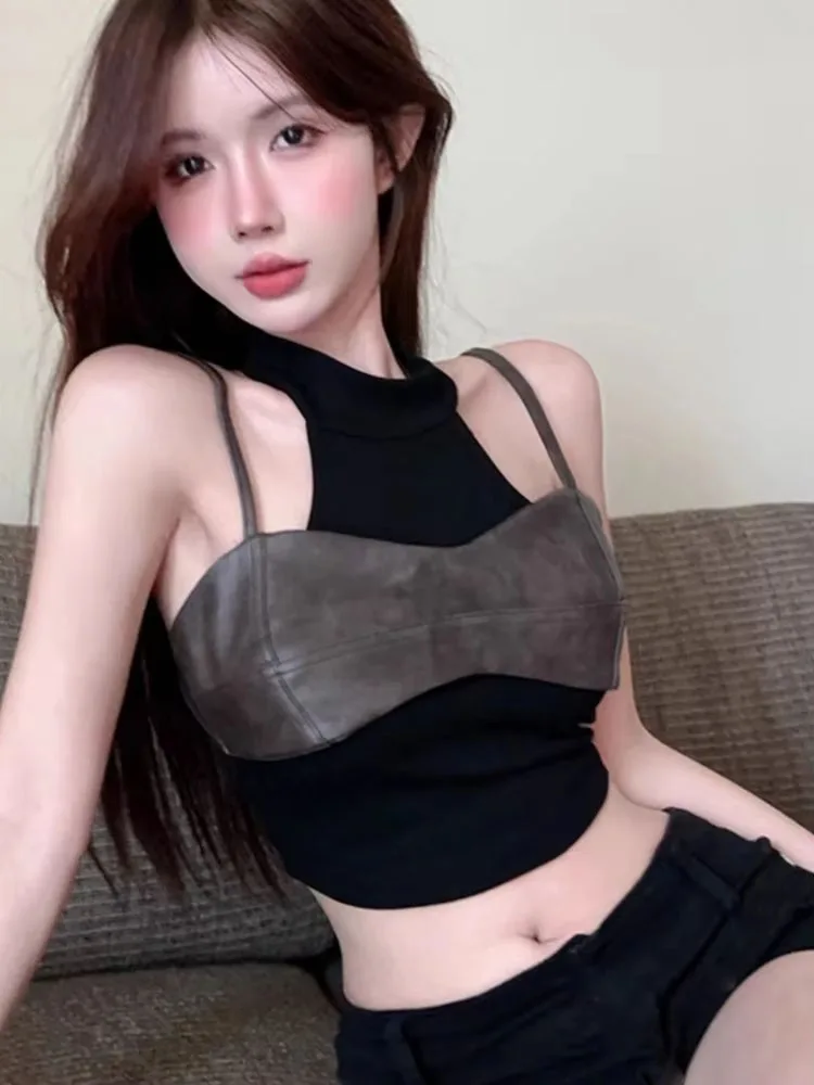 سترة صيفية مثيرة موديل 2025 مكونة من قطعتين سترة نسائية Y2k سترة جمالية مرقعة الجرونج هاراجوكو مقصوصة بقصة ضيقة ​ الدبابات