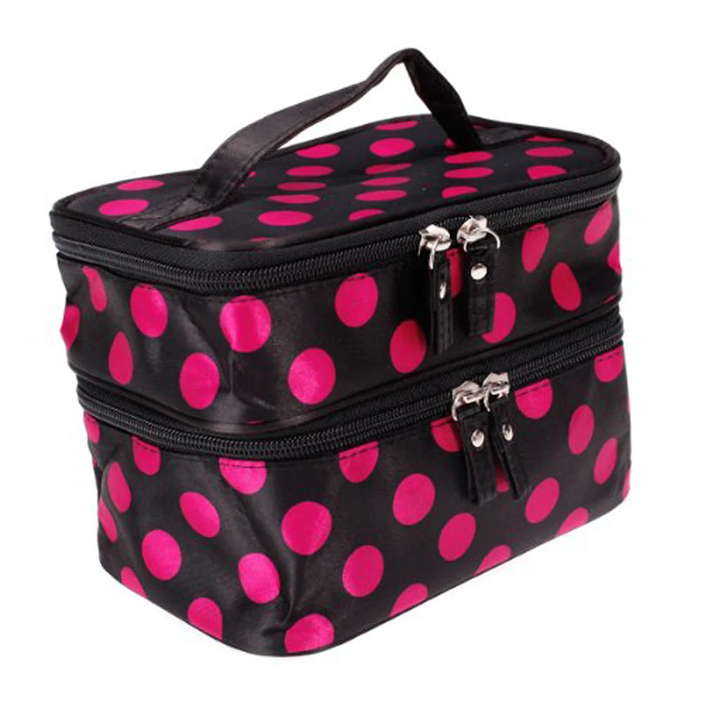 

Stylish Double Layer Zipper Bag For Women Dots Pattern Dual Closure Travel Makeup Organizer Durable Polyester