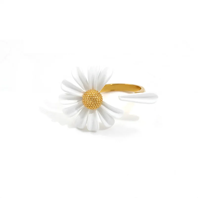 Adjustable Daisy Flower Ring White Enamel Open Band High-Temp Coating Elegant Stackable Jewelry