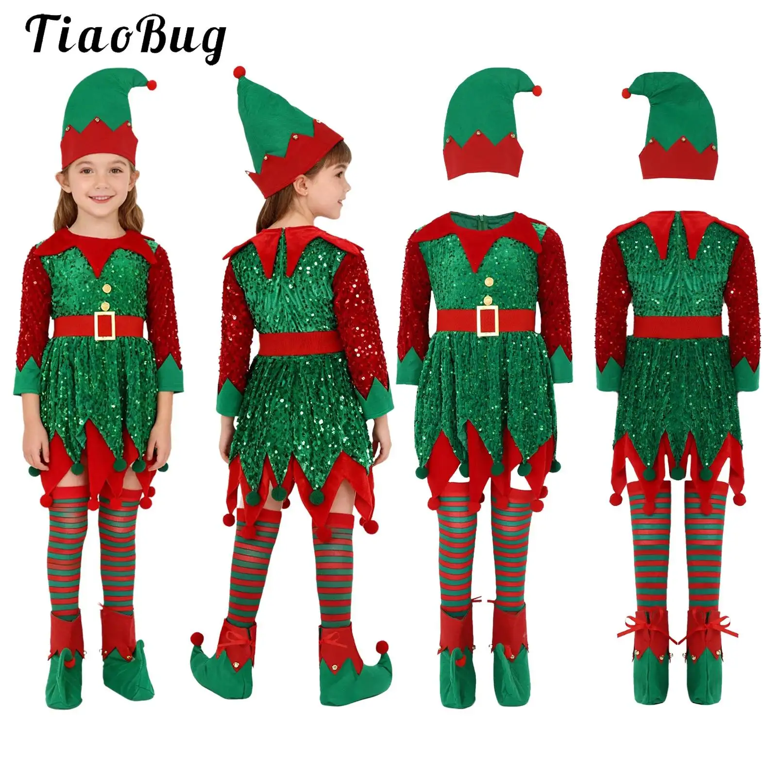 5 Pack Children Christmas Elf Costume Set Sequins Velvet Dress Santa Claus Costume Xmas Outfit Girls Elf Hat Shoes Belt Socks
