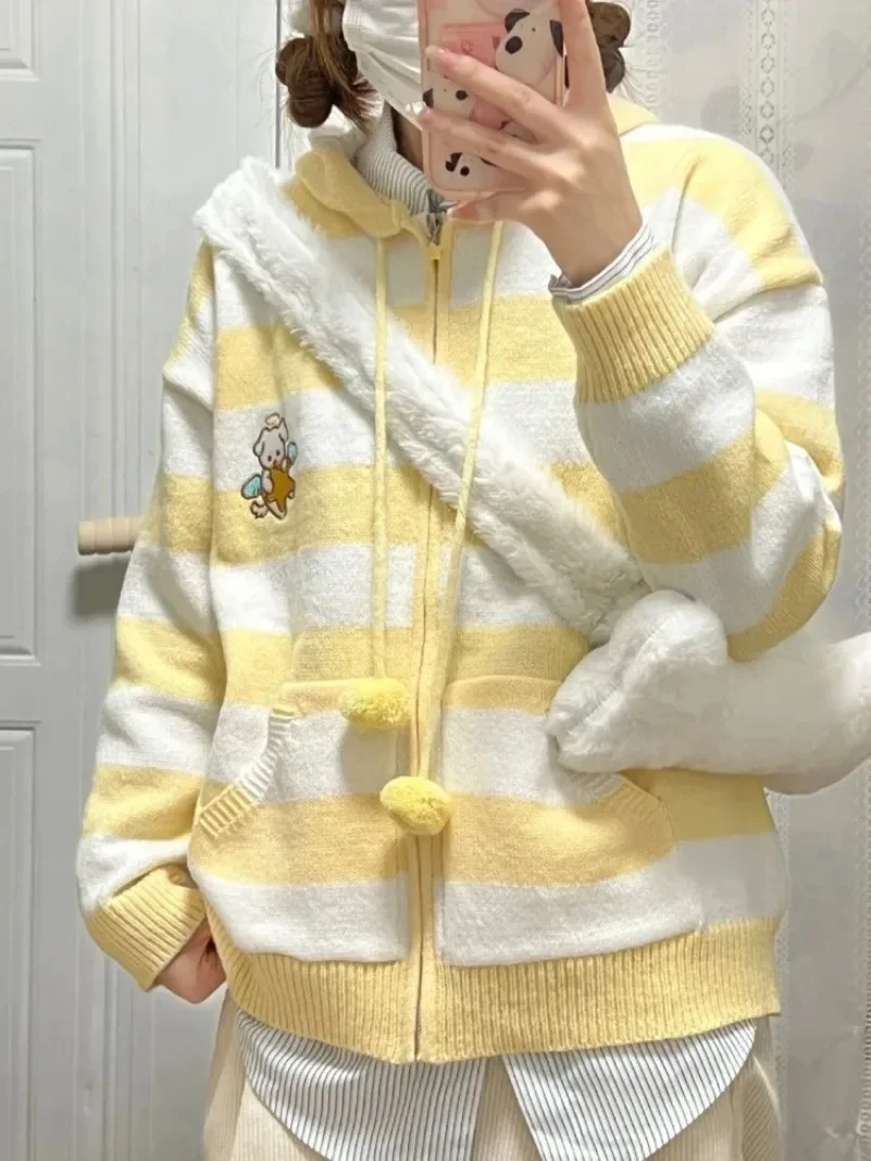 Japanese Kawaii Harajuku Kawaii Dog Striped Cardigan Autumn Loose Hoodie Tops Women Y2k E-Girl  New Long Sleeve Zipper Sweater