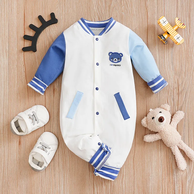 Spring and Autumn New Long sleeved Baby Boys and Girls Blue Cute Little Bear Baseball Suit Pure Cotton jumpsuit