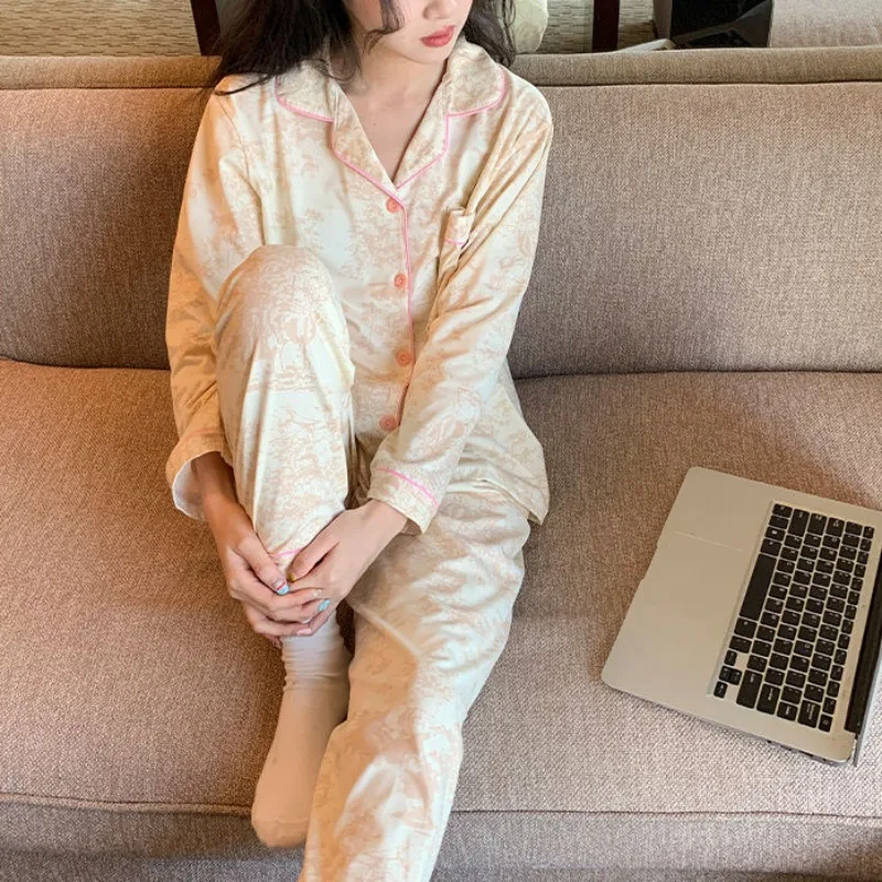 2024 New Spring Summer Long-sleeved Sleepwear Satin Flour Buckle Printing Pajamas V-neck Loose Homewear Sweet Loungewear Suit