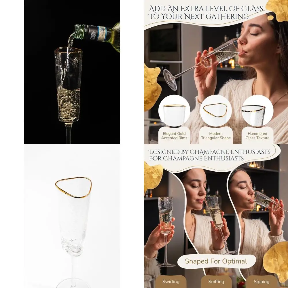 

Set of 4, 6oz Handcrafted Triangular Hammered Glass Champagne Flutes - Ideal for Elegant Toasts, Prosecco, Mimosas, and Weddings