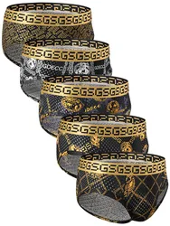 5-pieces set - Ice silk mesh hollow, dry and breathable men's triangle underwear with gold chain knight print printed on it