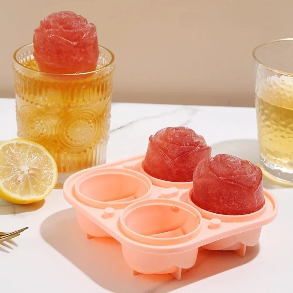 New 3D Rose Silicone Ice Mold 4 Holes Large Size Ice Cube Tray with Lids Easy to Demold Ice Ball Maker Bar Accessories