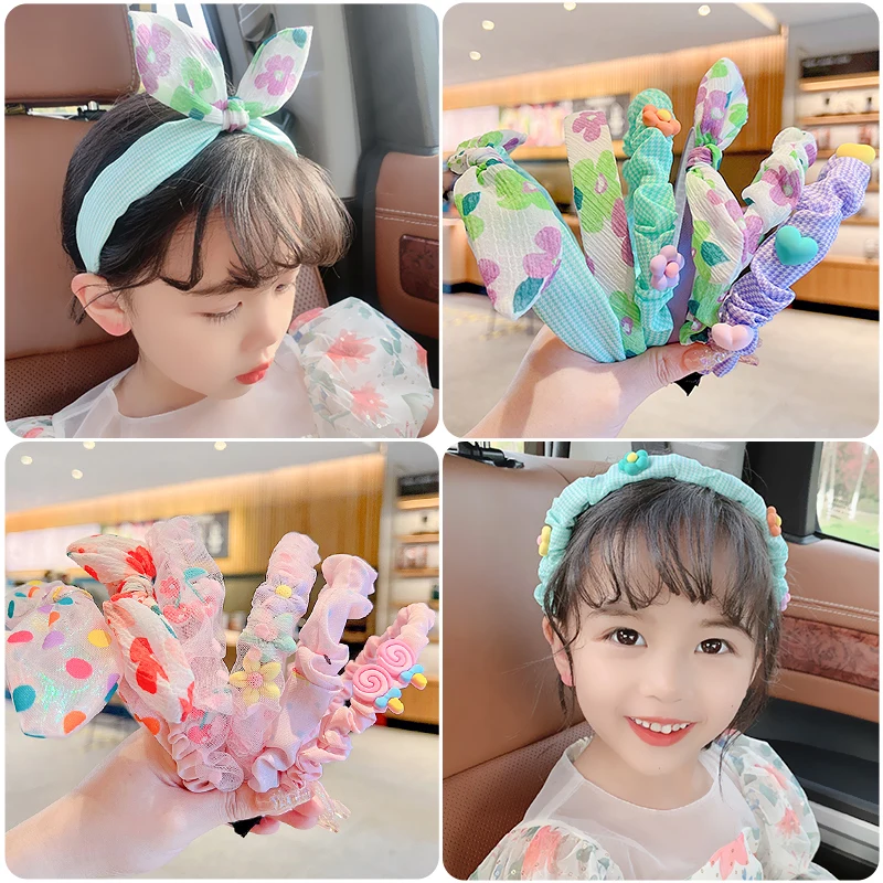 3 Pcs/Set Children Cute Colors Printed Lattice Stripes Hair Hoop Hairbands Girls Lovely Bow Ears Headbands Kids Hair Accessories