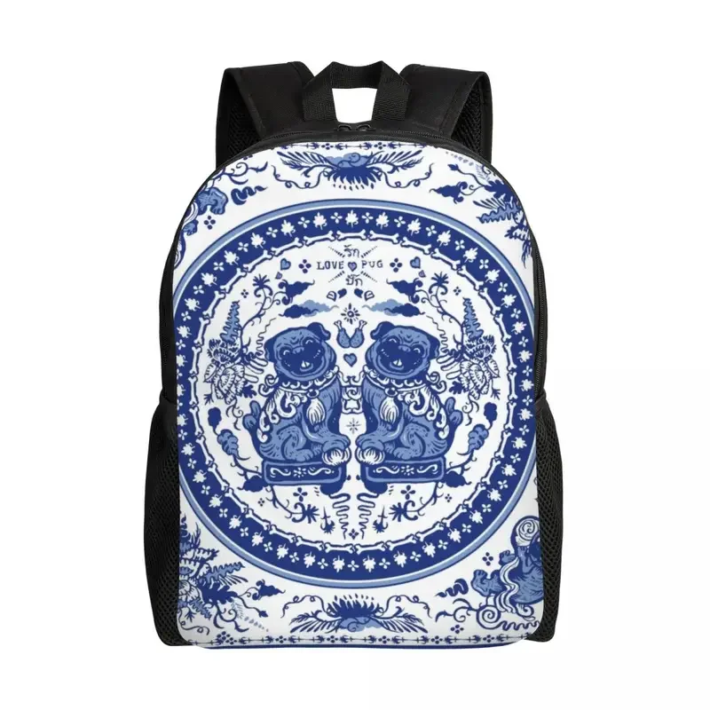 Mochila de porcelana para estudantes universitários, sacos de 15 "laptop, padrão chinês oriental, chinês Pugs