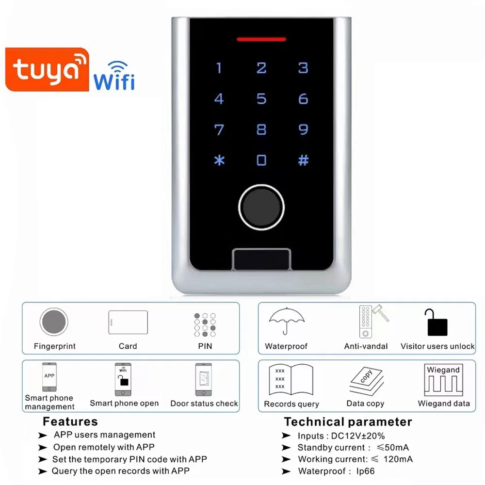 Tuya Wifi Fingerprint Access Control Keypad Metal Case Outdoor Waterproof Remote Door Opener Master Card App Temporary Password