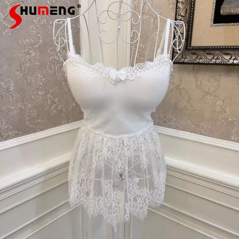 

Japanese Lolita Camisole Soft Girl Bow Pearl Spell Eyelashes Lace Edge Slim And Thin Bottom Short Top Sling Vest Y2k Accessories