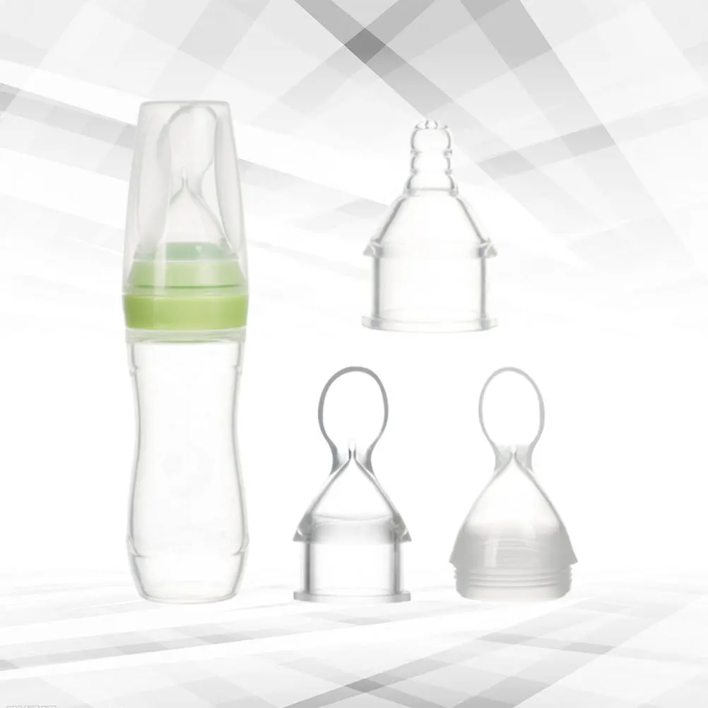 3 قطع من زجاجات الرضاعة المصنوعة من السيليكون مع ملعقة بتصميم طبيعي لعصير الحليب والطب المريح والسفر الخفيف الصغير