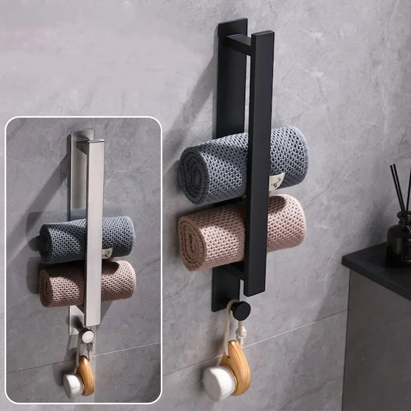 

Self-adhesive Towel Holder Stainless Steel Towel Bar With Hooks No Drill Hanging Bathroom Wall Storage Rack For Home Bathroom