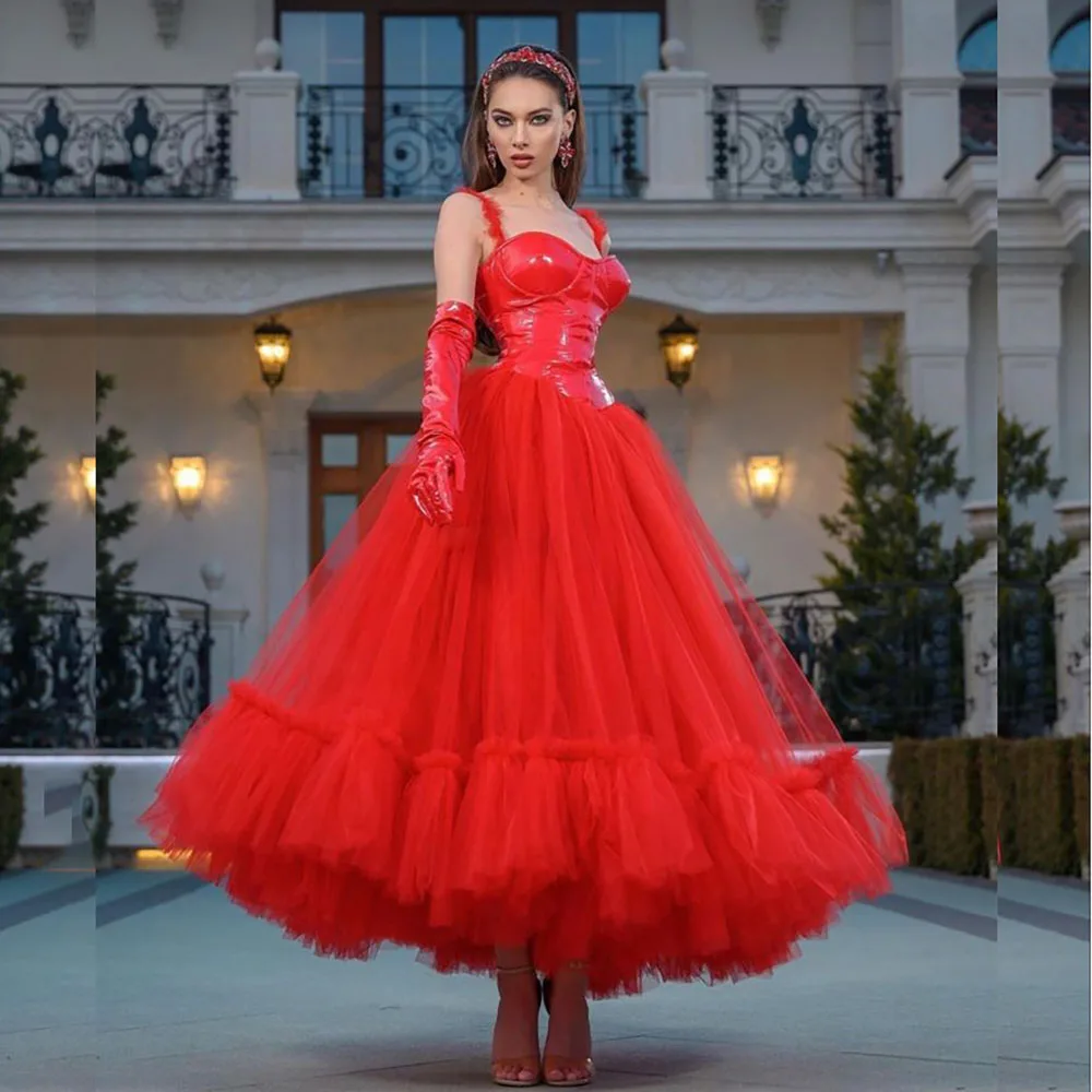 Formal Red Evening Dresses Chic A-Line Organza Spaghetti Strap Gowns Sleeveless Without Gloves Ankle-Length Prom Dress Vestidos