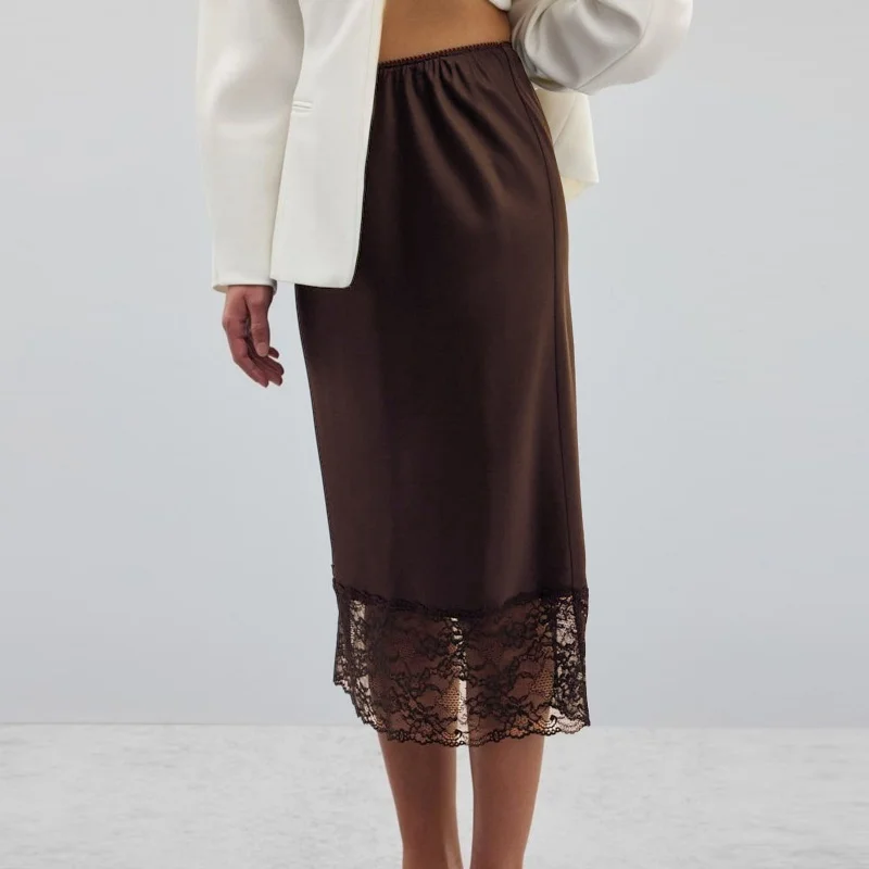 Nuove donne gonna longuette con orlo in pizzo gonne lunghe patchwork in pizzo sottile in raso gonne lunghe eleganti da ufficio a vita alta bianche