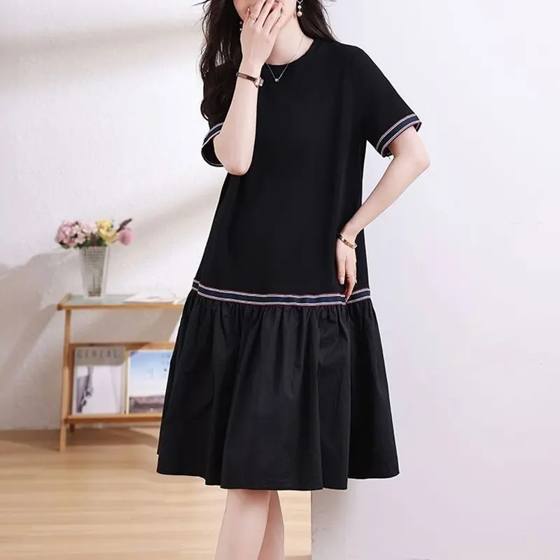 Basic Casual Loose Dresses Stylish Bright Line Decoration Summer Short Sleeve Female Clothing A-Line Korean Spliced Midi Dress