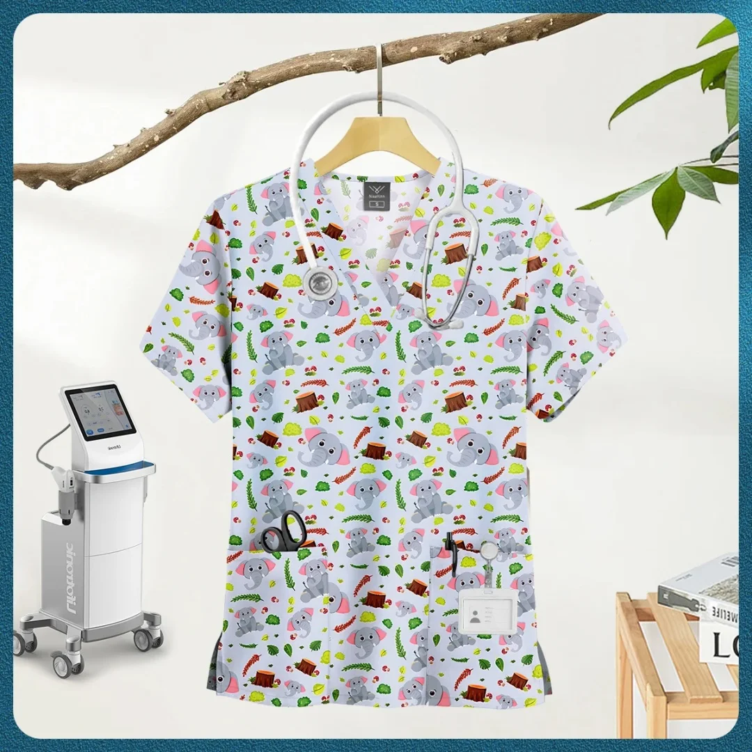 어린이용 동물 프린트 의료복 빠른 건조 통기성 반팔 상의 여름 여성용 루즈 캐주얼 간호사 유니폼