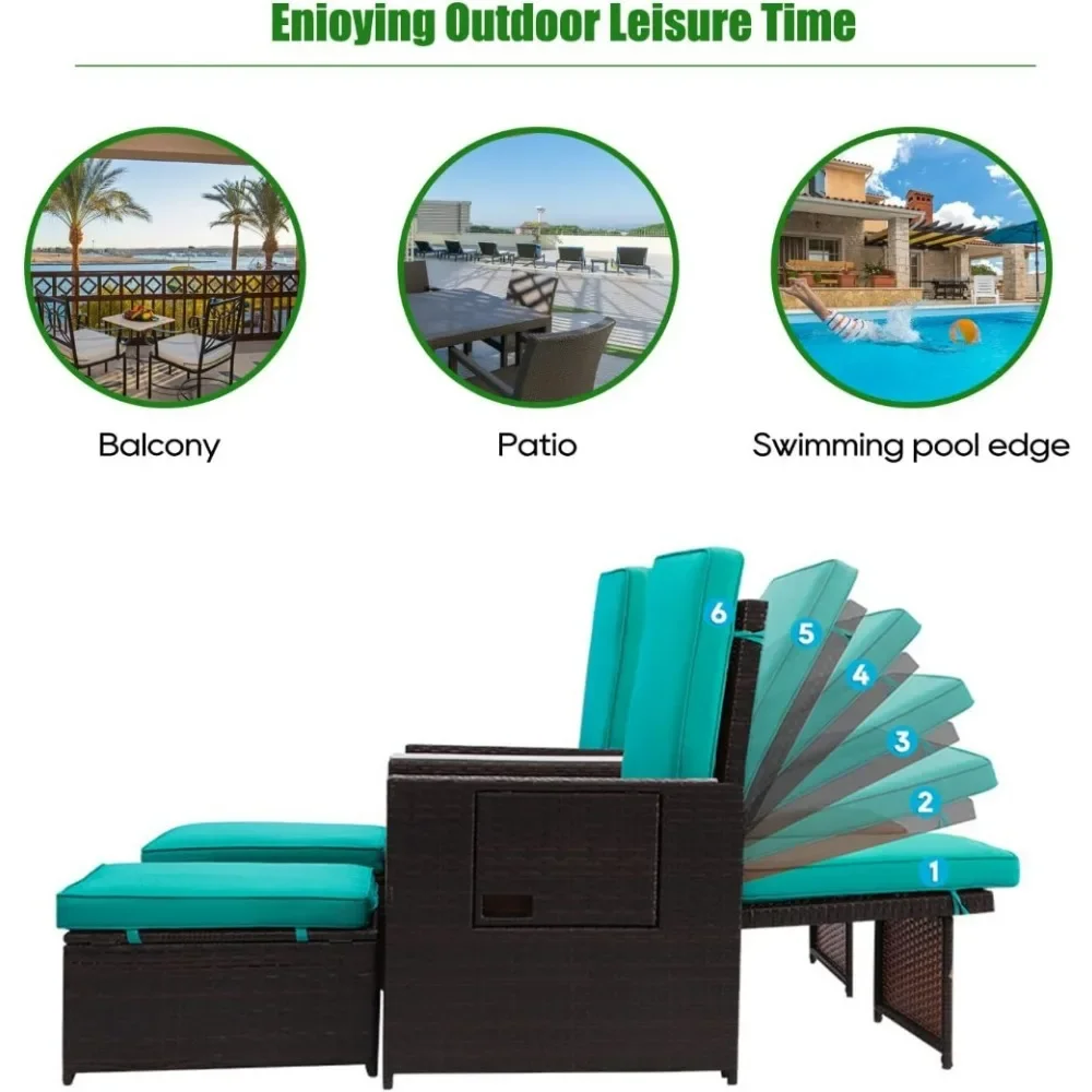 Adjustable Lounge Chair with Ottoman Footrest, Wicker Furniture for Garden, Patio, Balcony, Beach, Coffee Bar, Deck