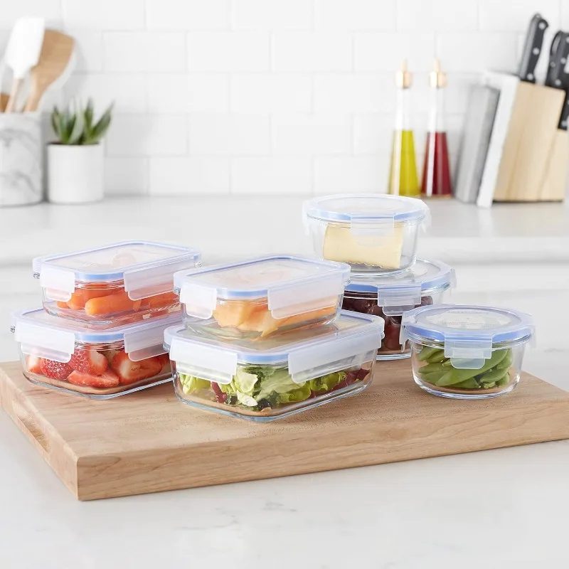 Leak-Proof Glass Locking Lids Food Storage Containers, 14-Piece Set, 7 Count of Bases and 7 Plastic Lids,