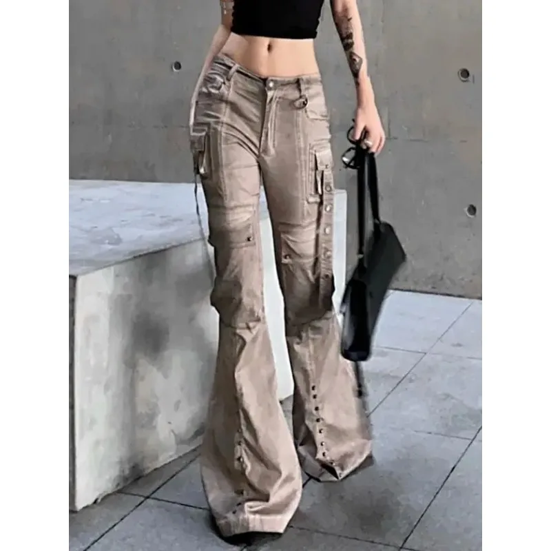 Washed Brown Utility Bootcut Jeans for Women American Style Street Pocket Wide Leg Pants Harajuku Style Y2k Casual Trousers