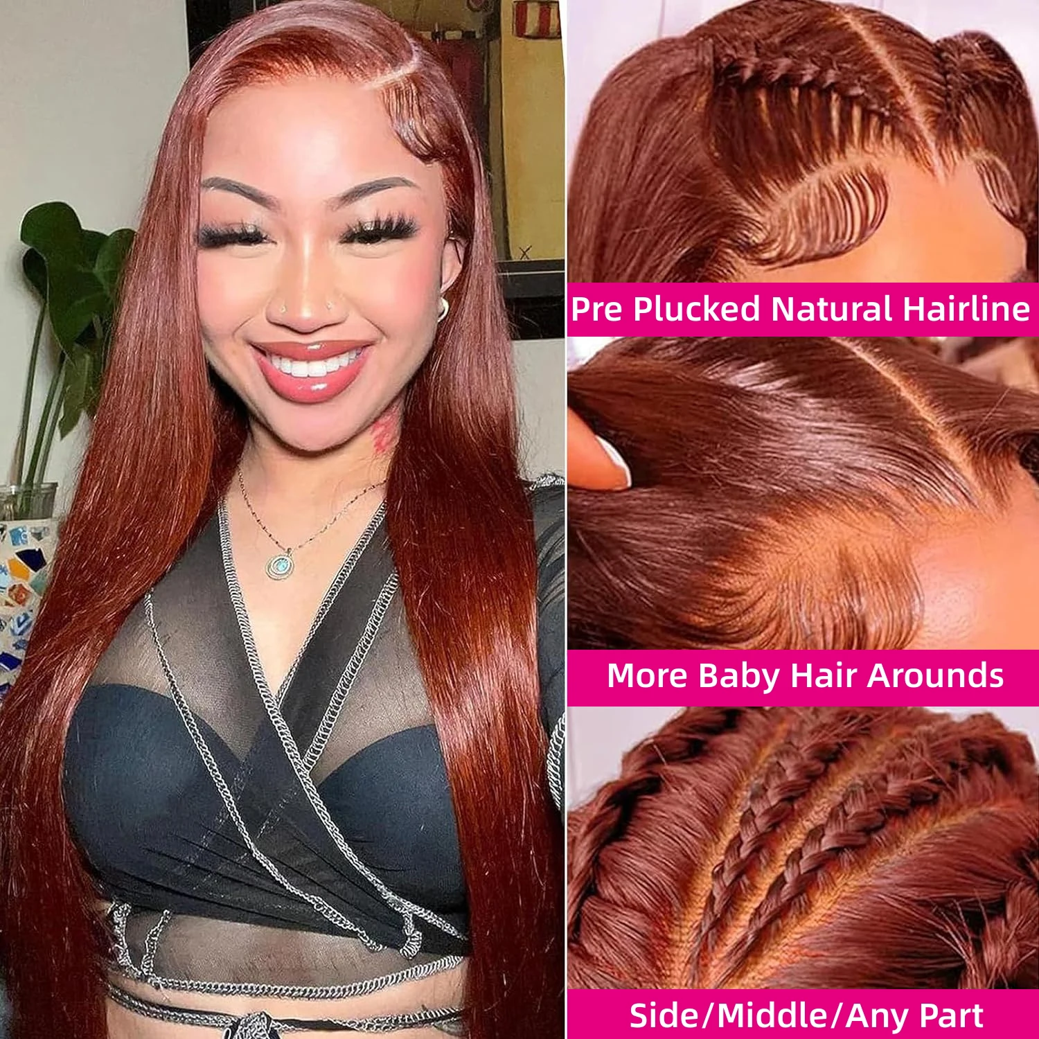 Reddish Brown Colored Straight Lace Front Wigs Human Hair Pre Plucked 13x4 Lace Frontal Wig Red Brown Bleached Human Hair Wig