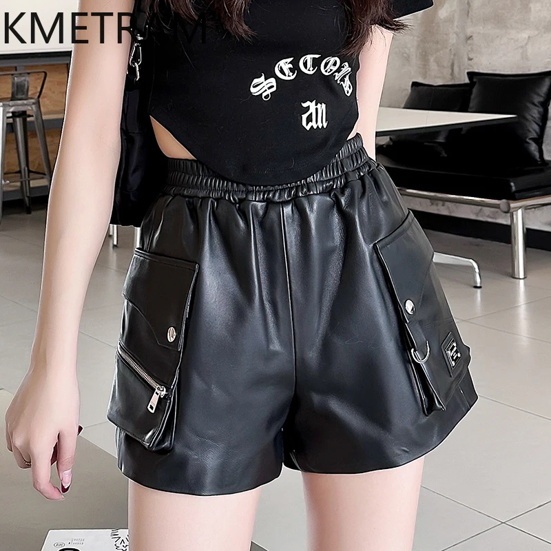 

KMETRAM Top Layer Sheepskin Real Leather Shorts Elastic Waist Wide-leg Trousers Autumn Winter Versatile Women's Shorts 여성용 반바지