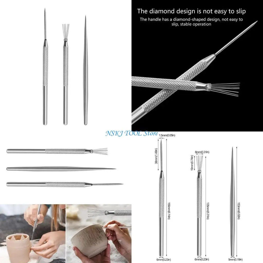 L8RC 3Pcs Potterys Clay Wire Texture Brush 7Pin Needle Pen Ceramic Polymers