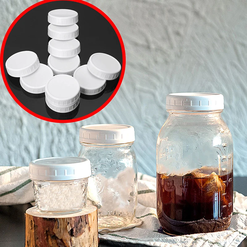 10pc White Mason Canning Drinking Jars Lid 70mm/86mm Inner Diameter Plastic Covers Unlined Ribbed Lids Storage Caps Replacements