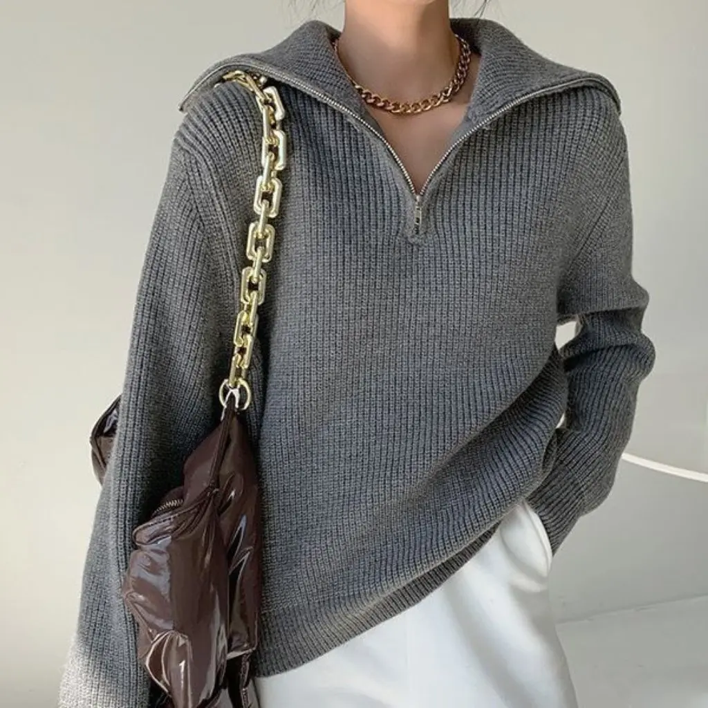 

Women's Loose Zipper Sweater Knitwear Autumn Winter Stylish Base Top Design Outer Wear Fashionable Niche