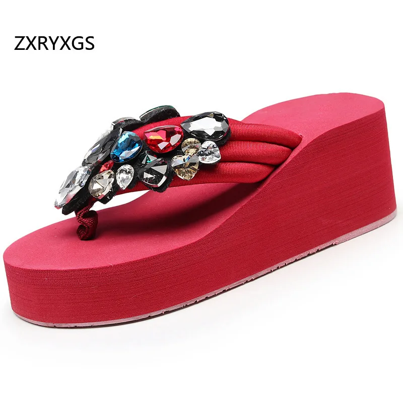 

ZXRYXGS Summer Classic Rhinestone Flip Flops Fashionable Sandals 2024 Popular Thick Sole Wedges Slippers Elevated Beach Slippers