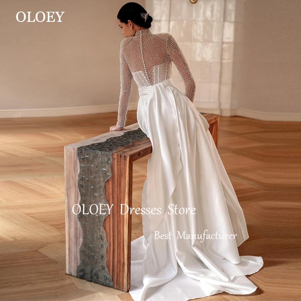 OLOEY Exquisite 2025 Ivory A Line Wedding Dress High Neck Bridal Gown Pleats Satin Floor Length Customizd Button Back Pearls