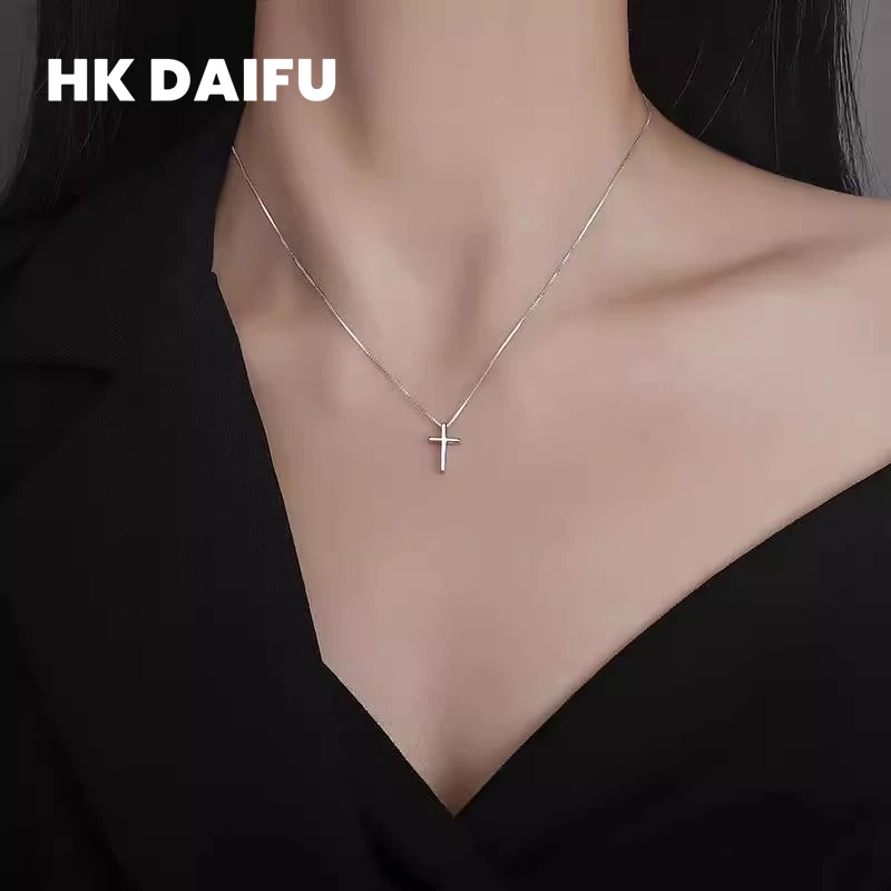 

yyhc[Italy] HK DAIFU Light Luxury Sterling Silver Cross Necklace Premium Clavicle Chain Birthday Gift for Girlfriend