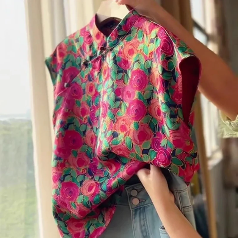 

Chinese Style Women's Blouses Korean Shirts FASHION Loose Spring/Summer Vintage Clothing Printed Sleeveless Women Tops