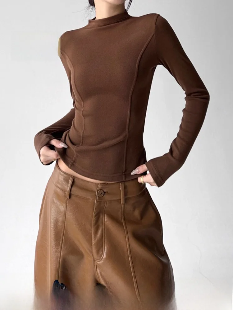 

Новинка: женский облегающий топ-база с длинным рукавом, кофейного цвета, фасон «русалка», NZNB2025