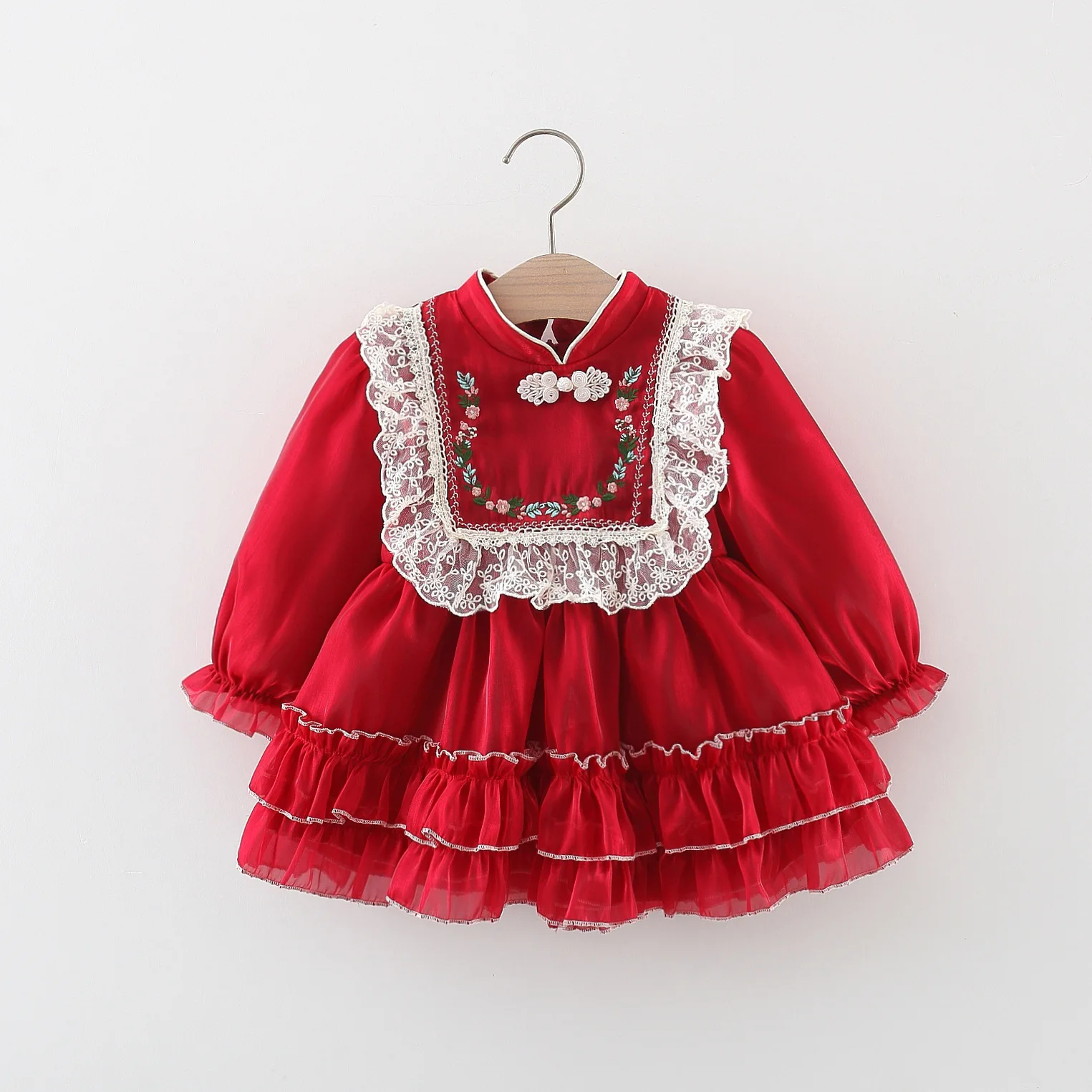 Spring and autumn girls long sleeved dresses baby girls embroidered button up stand up collar solid color lace princess skirt