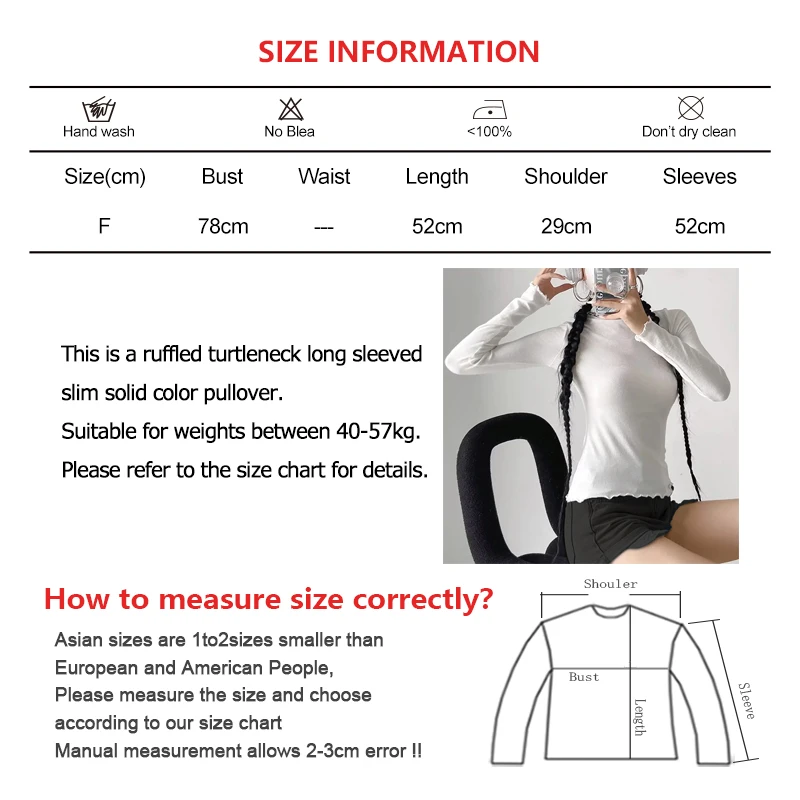 Women Fall Ruffles Turtleneck Sweater Tops Casual Long Sleeved Slim Basic Pullover Office Solid Bottom Shirt Winter Warm Jumper