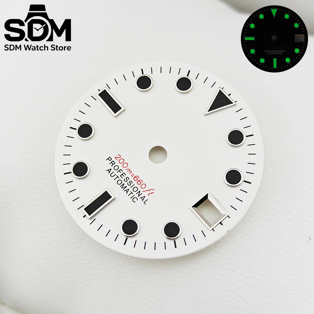 28.5mm NH35 Dials High Quality Sterile White Dial Black Applied Hour Markers C3 Luminous Dial Hands For NH35 Movement Watch Repl