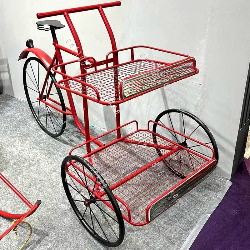Retro Old Red Wrought Iron Tricycle Float Two-layer Flower Stand Can Not Ride