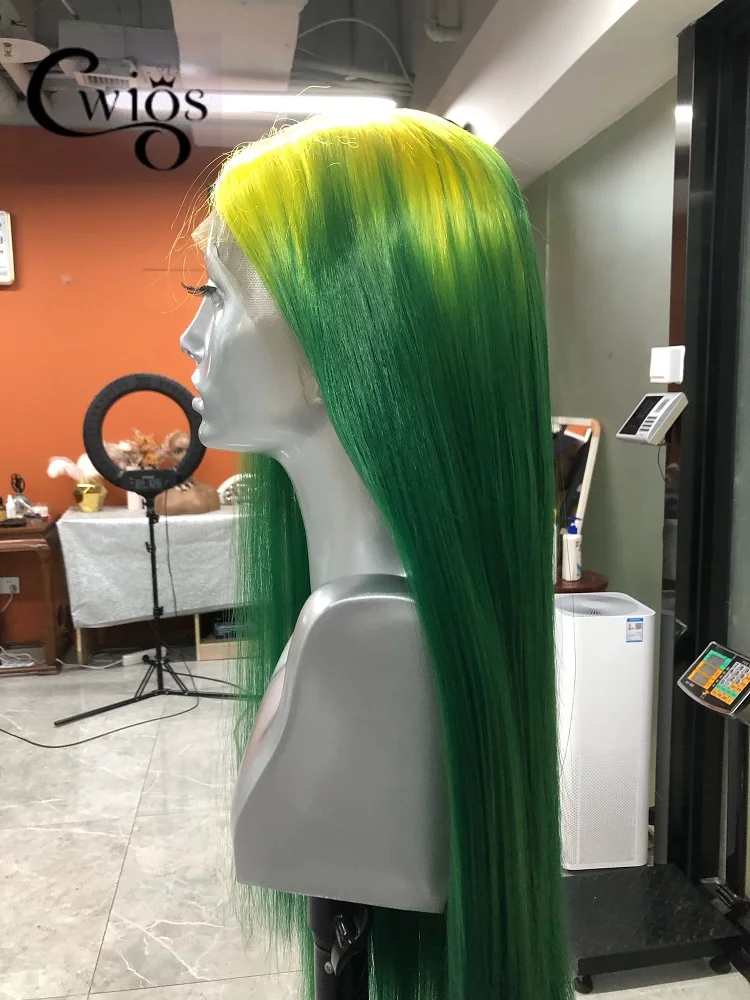 CWIGS Ombre Green Yellow Long Straight Synthetic Wig Lace Front Transparent Glueless 180 Density For Women Drag Queen Cosplay