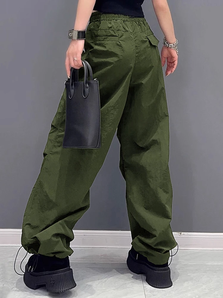 [EAM] High Elastic Waist Black Denim Color-block Long Cargo Pants New Trousers Women Fashion Tide Spring Autumn 2024 1DH4616